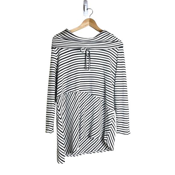 Zenergy Chico's Women’s Casual Knit Black White Stripe Cowl Neck Pullover 2 (L) - Picture 1 of 9